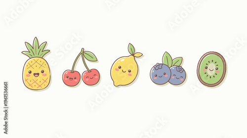 A charming collection of kawaii-style fruits, featuring a pineapple, cherries, a lemon, blueberries, and a kiwi slice, all with adorable smiling faces.