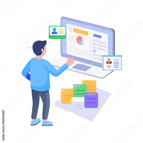 Digital data deletion concept: Person removing unnecessary information and decluttering abstract geometric shapes.