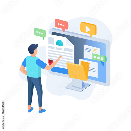 Digital data deletion concept: Person removing unnecessary information and decluttering abstract geometric shapes.