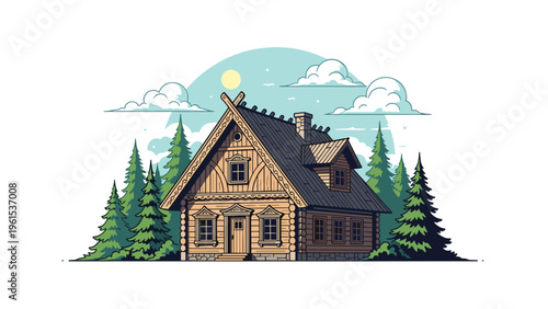 Cozy wooden log cabin with a decorative roof sits nestled among tall green pine trees under a blue sky with fluffy clouds.