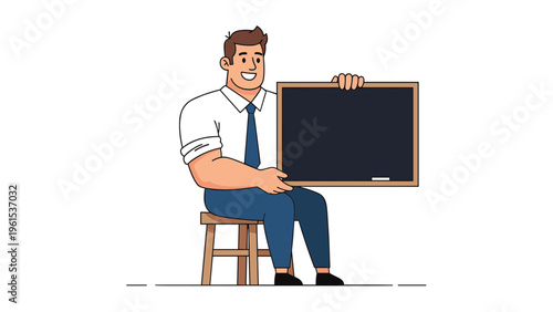 Professional man in a shirt and tie sits on a wooden stool while holding a large blank blackboard for messages or notes.
