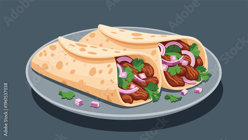 Detailed illustration of two delicious beef tacos served on a plate with fresh cilantro and red onions in pixel art style.