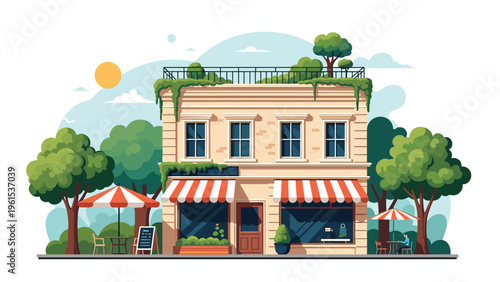 Two-story boutique building with striped awnings and a rooftop garden surrounded by lush green trees and cafe tables.