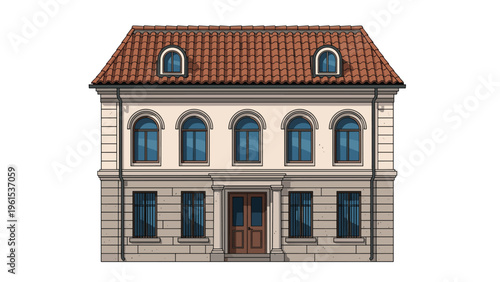 Detailed pixel art illustration of a classic two-story stone house with a red tiled roof and multiple arched windows.