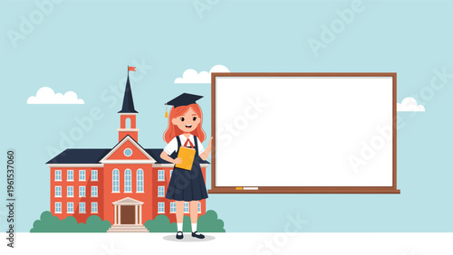Young girl in a graduation cap standing next to a large blank whiteboard in front of a red brick school building.