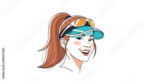 Cheerful woman with a ponytail wearing a sporty visor and sunglasses smiling brightly in a clean vector illustration.