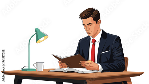 Professional businessman in a suit sitting at a desk reading a book under a desk lamp with a coffee mug nearby.