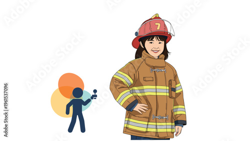 Young girl dressed in a firefighter uniform standing next to a silhouette icon of a reporter on a white background.