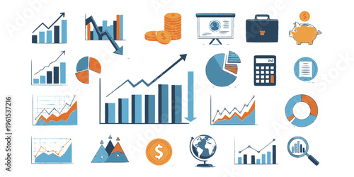 
Business graphs and charts icons. Business infographics icons. Statistic and data, charts diagrams, money, down or up arrow, economy reduction. Financial chart. Vector illustration.