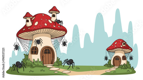 Magical mushroom houses with red polka dot roofs infested with large black spiders and their webs in a hilly landscape.