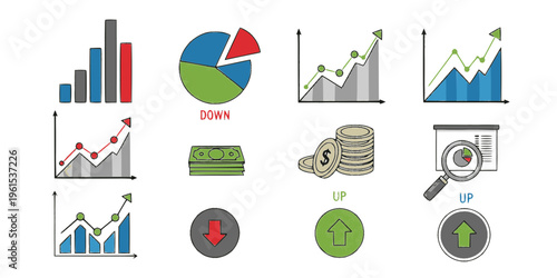 
Business graphs and charts icons. Business infographics icons. Statistic and data, charts diagrams, money, down or up arrow, economy reduction. Financial chart. Vector illustration.
