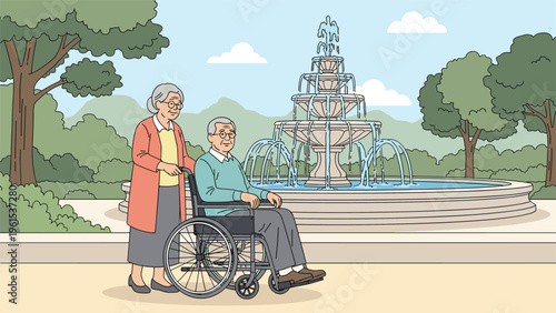 Elderly woman pushing her husband in a wheelchair through a serene city park featuring a large tiered water fountain.