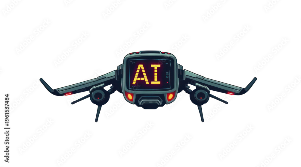Fototapeta premium Artificial Intelligence Powered Futuristic Flying Drone Displaying Ai Text on Its Screen