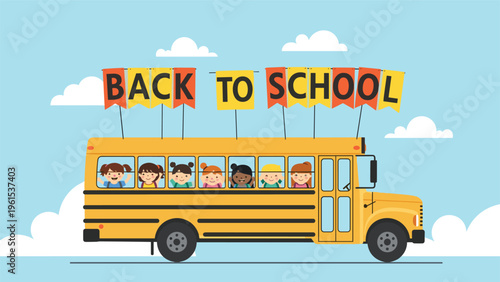 Classic yellow school bus full of happy children driving along a road with a Back to School banner attached to it.