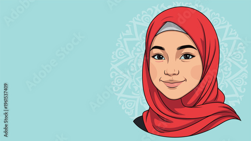 Beautiful young woman wearing a red hijab smiling in front of a delicate teal mandala pattern in the background.