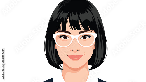 Portrait of a smiling young woman with short black hair and stylish white rimmed glasses against a clean white background.