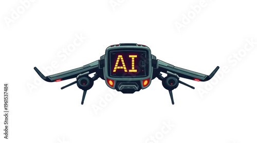 Artificial Intelligence Powered Futuristic Flying Drone Displaying Ai Text on Its Screen