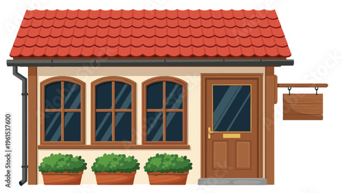 Front exterior of a cozy building with three arched windows and a wooden door with a hanging sign on the right.