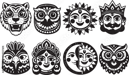 Traditional stylized masks from various cultural and mythological backgrounds
