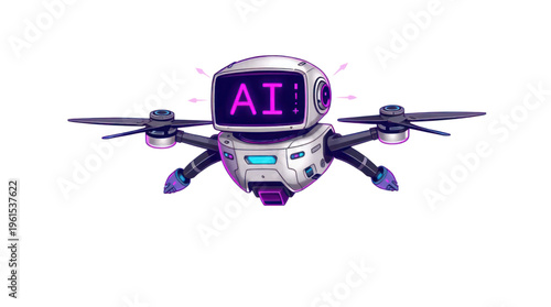 Artificial Intelligence Drone with a Neon Screen Flying Against a Transparent Background