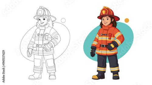 Young female firefighter character in full protective gear with helmet and boots shown in both outline and color versions.