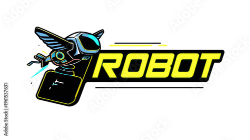 Robot Character Flying Delivering Package Stylized Graphic Illustration