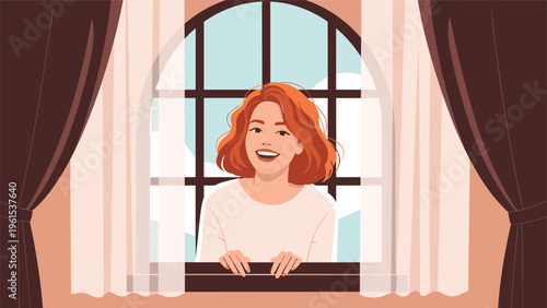 Cheerful woman with red hair looking out of an arched window with curtains and a bright blue sky with clouds in background.