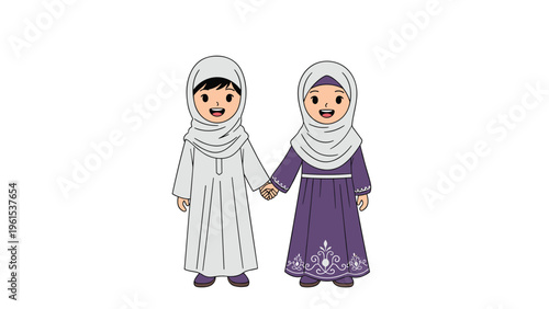 Two smiling young Muslim girls wearing traditional hijabs and long dresses holding hands in a friendly gesture of sisterhood.