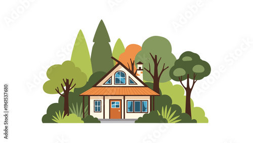 Cozy wooden cabin with a red roof nestled in a lush forest with various green and orange trees under a clear sky.