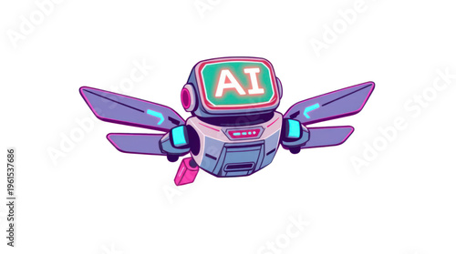 Robot Flying with Artificial Intelligence Display on Screen a Modern Digital Illustration