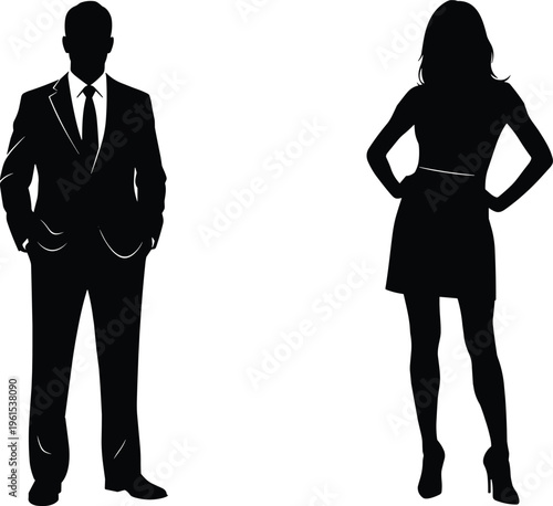Businessman and businesswoman silhouettes standing apart representing corporate individuality leadership professionalism workplace diversity modern office people concept