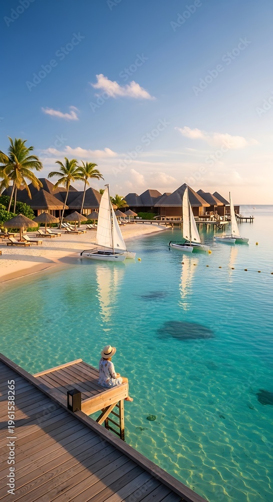 Obraz premium Tropical Paradise with Sailboats and Overwater Bungalows at Sunset.