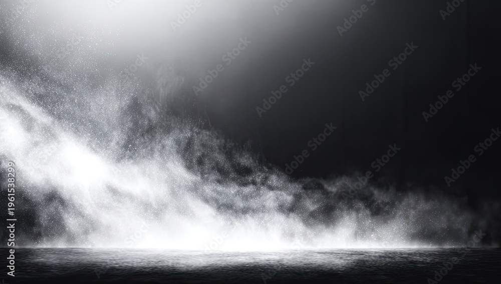 Fototapeta premium Ethereal mist swirls upwards from a textured dark ground, illuminated by a bright light source