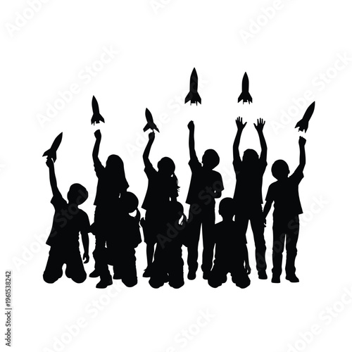 Children holding rockets, symbolizing dreams and future, black and white graphic
