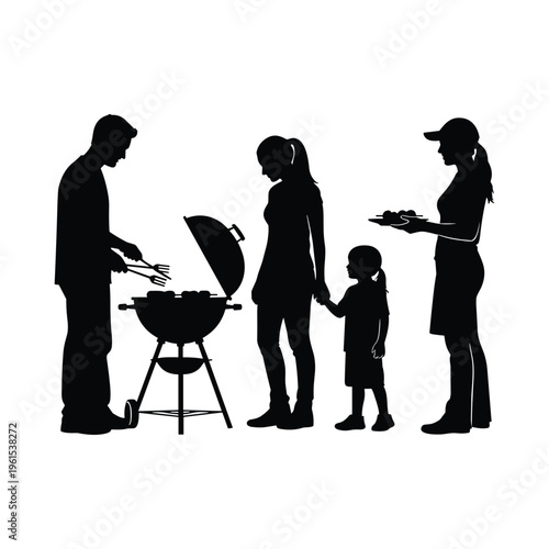 Family bbq silhouette, cooking and enjoying food outdoors, lifestyle graphic, black and white
