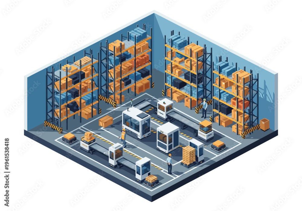 Obraz premium Isometric Warehouse with Storage Racks and Machines.