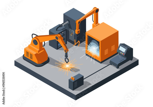 Industrial robotic arms welding metal components.