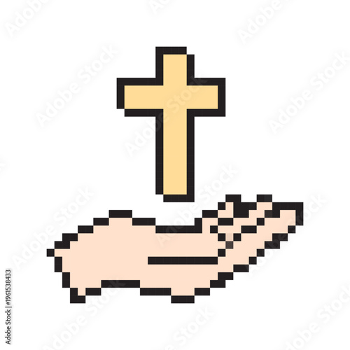 Christian cross in a human hand rendered in retro pixel art style. Concept of religious faith, blessing, and easter in 8-bit digital graphics.