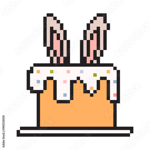 A retro 8-bit pixel art vector illustration of a traditional Easter cake with white glaze, colorful sprinkle, and pink rabbit ear on a white background.