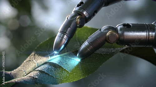 A futuristic scene depicting robotic hands analyzing a leaf, symbolizing innovation and technology in environmental science.