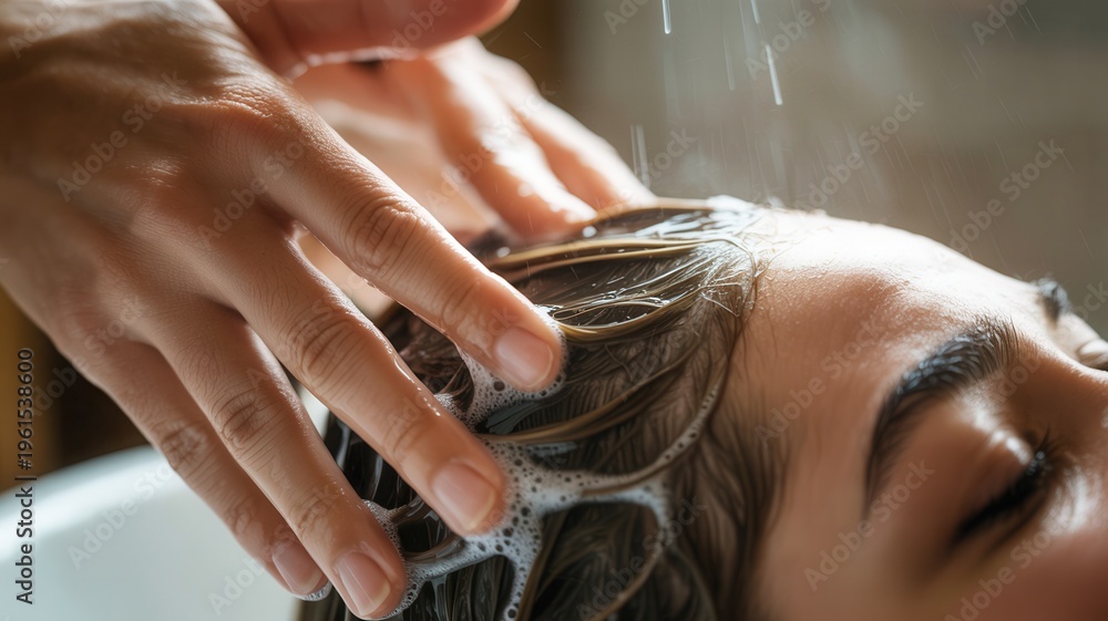 Naklejka premium Woman receiving relaxing hair wash treatment with shampoo and water