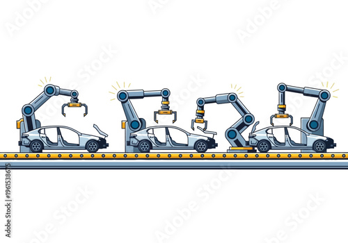 Industrial Robots on Production Line Assembly.