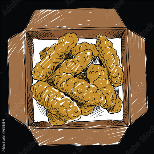 Hand-drawn vector illustration of crispy chicken tenders in a cardboard box, ready for fast food delivery.