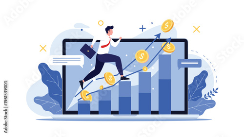 Ambitious businessman carrying a briefcase and running up a rising financial bar chart displayed on a laptop screen with golden coins.