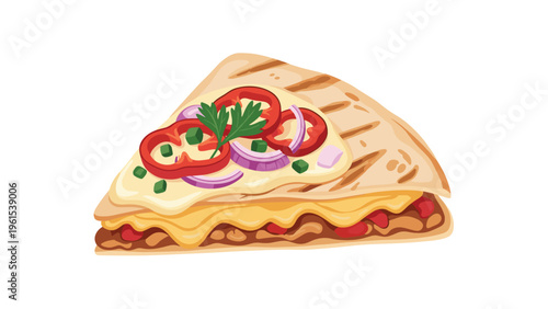 Delicious grilled quesadilla slice filled with melted cheese and meat topped with red peppers onions and fresh cilantro garnish.