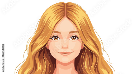 Beautiful young woman with long wavy blonde hair and a gentle smile looking directly forward in a clean minimalist portrait.