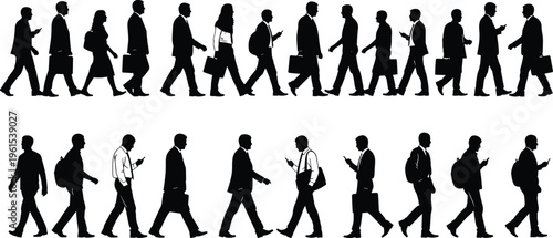 Collection of business people silhouettes walking with briefcases and mobile phones isolated on white background, urban lifestyle and corporate commuting concept