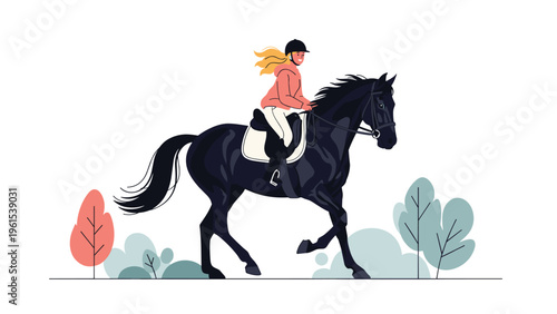 Young woman in a riding outfit and helmet galloping across a scenic landscape on a majestic black horse during the day.