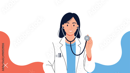 Smiling female doctor wearing a white lab coat and stethoscope around her neck ready to provide medical care for patients.