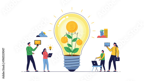 Group of business people collaborating on financial growth and innovative ideas around a large lightbulb containing a coin plant.